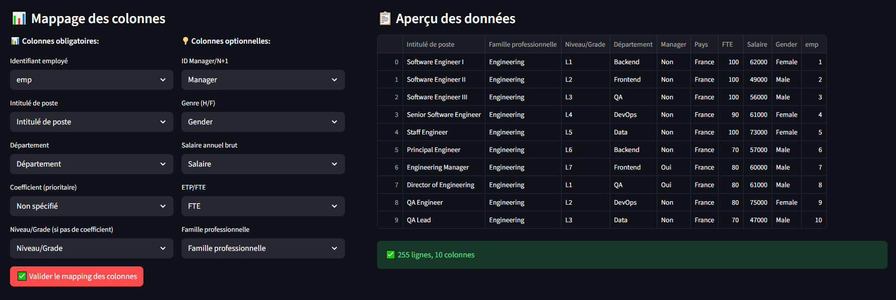 Étape 1 : Chargement des données - Interface de upload CSV/Excel